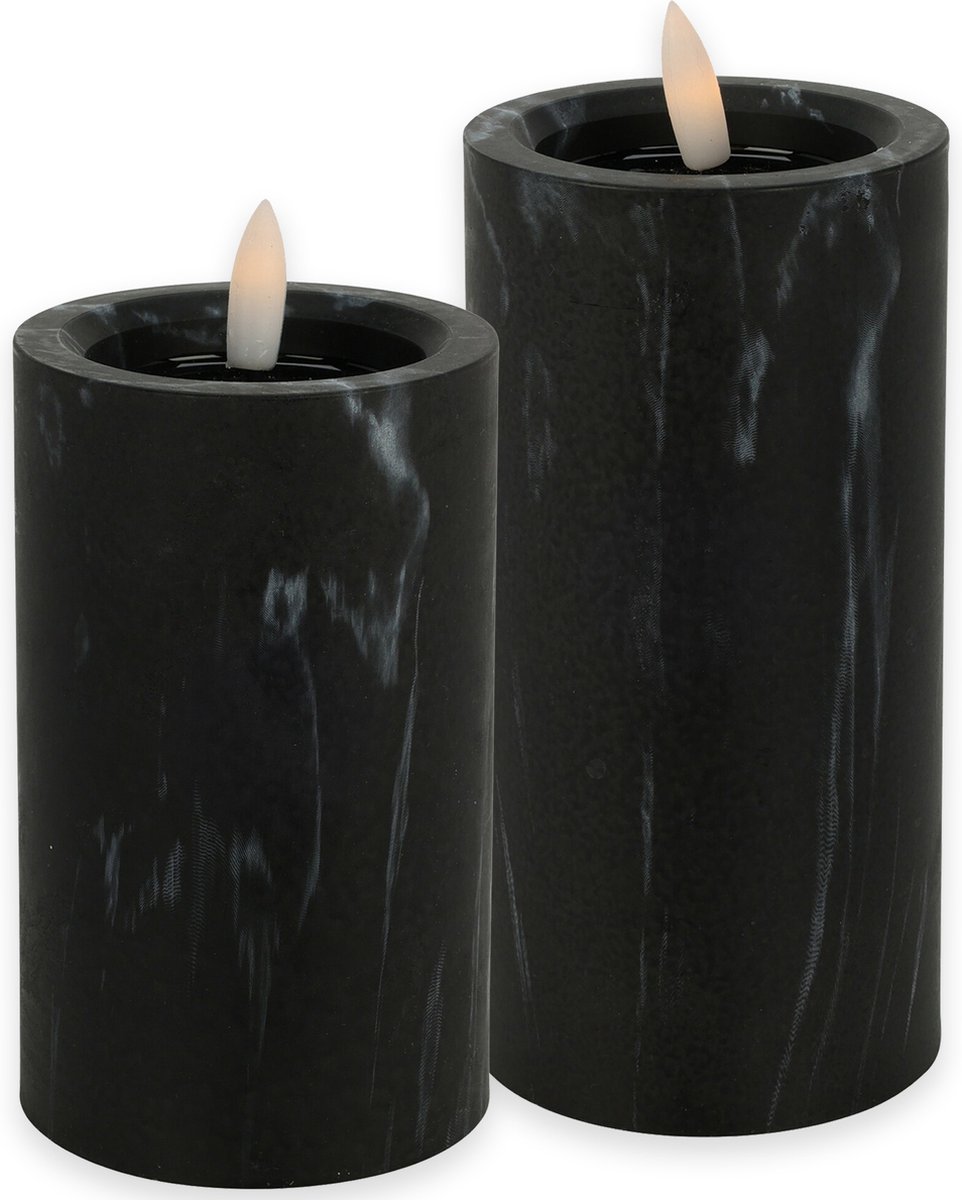 Countryfield LED kaarsen/stompkaarsen - set 2x - zwart marmer look - H12,5 en H15 cm - timer - warm wit