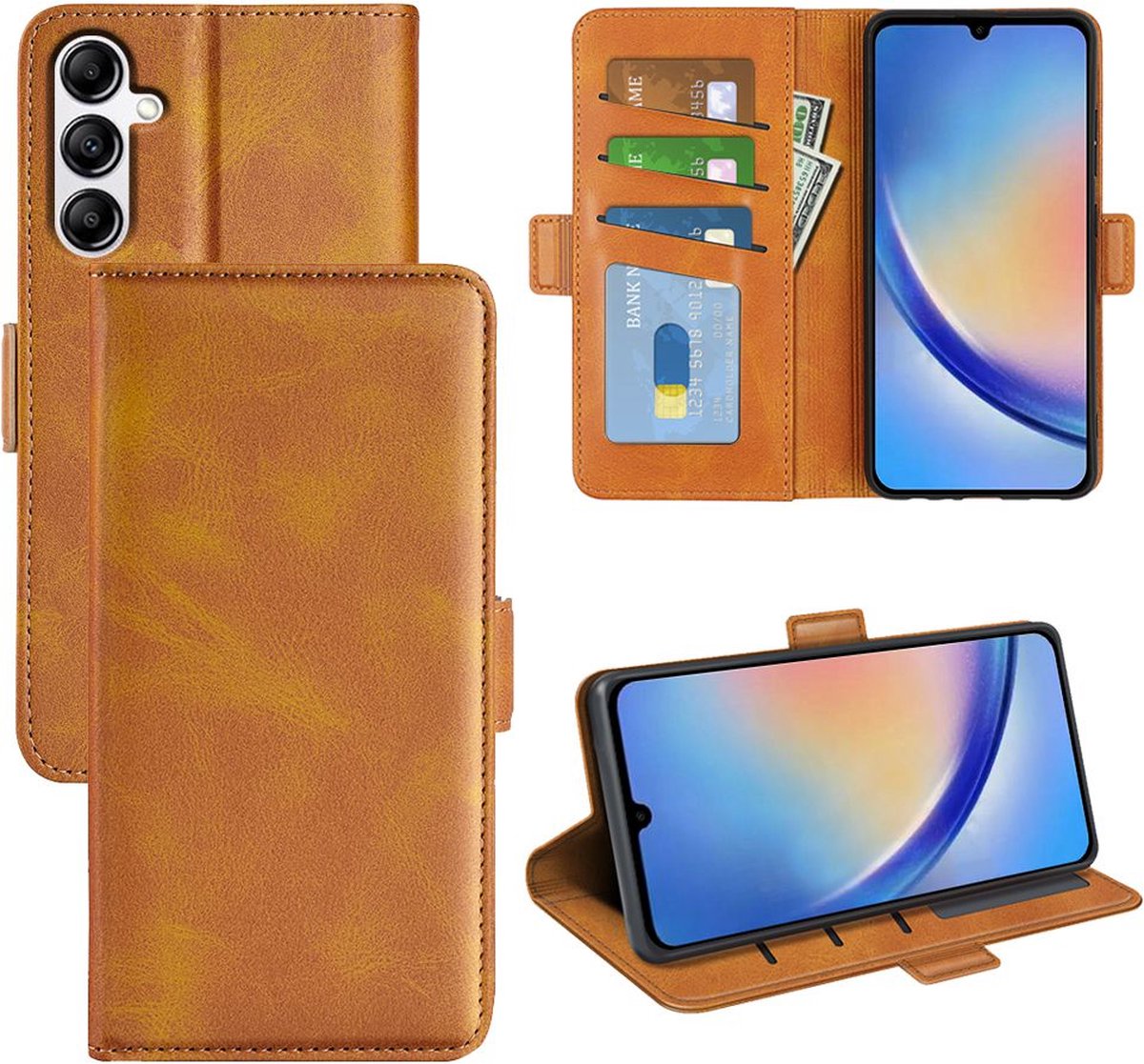 MobyDefend Hoesje - Geschikt voor Samsung Galaxy A34 - Luxe Wallet Book Case (Sluiting Zijkant) - Lichtbruin