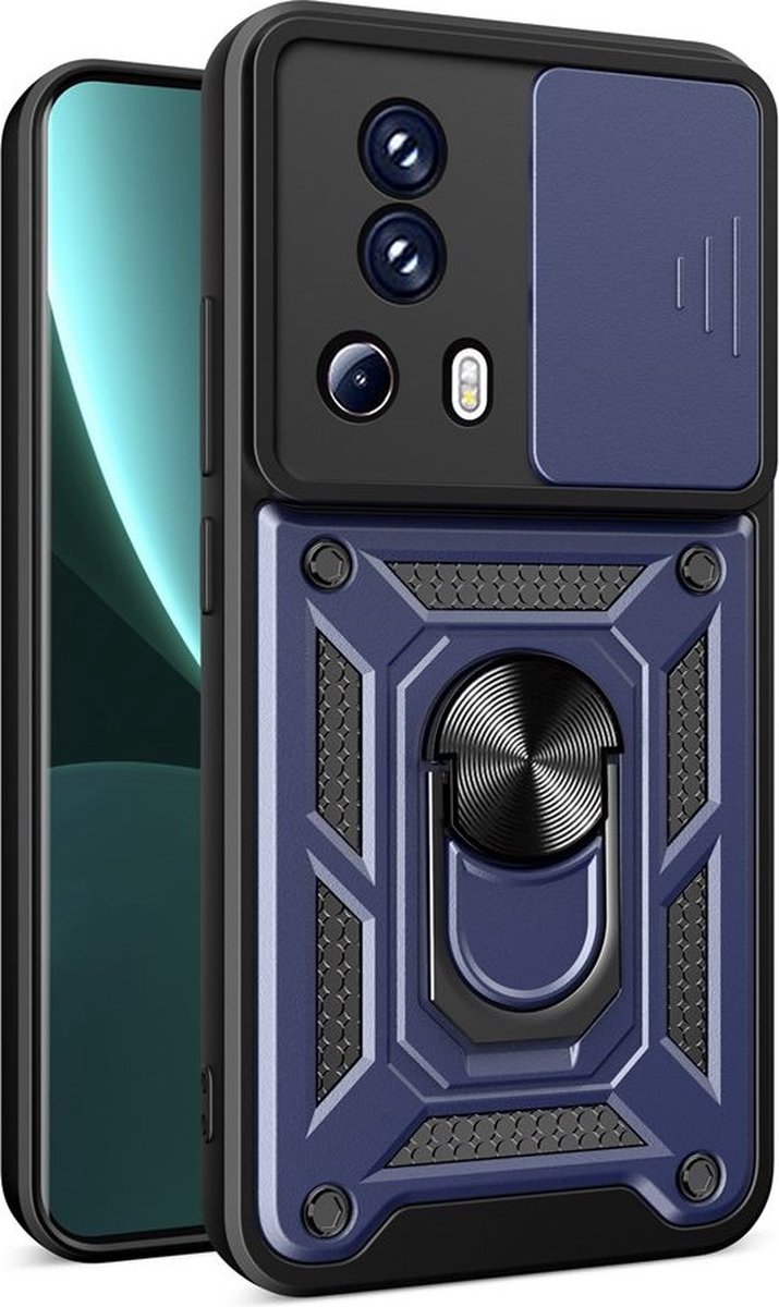 MobyDefend Hoesje - Geschikt voor Xiaomi 13 Lite - Pantsercase Met Draaibare Ring - Blauw