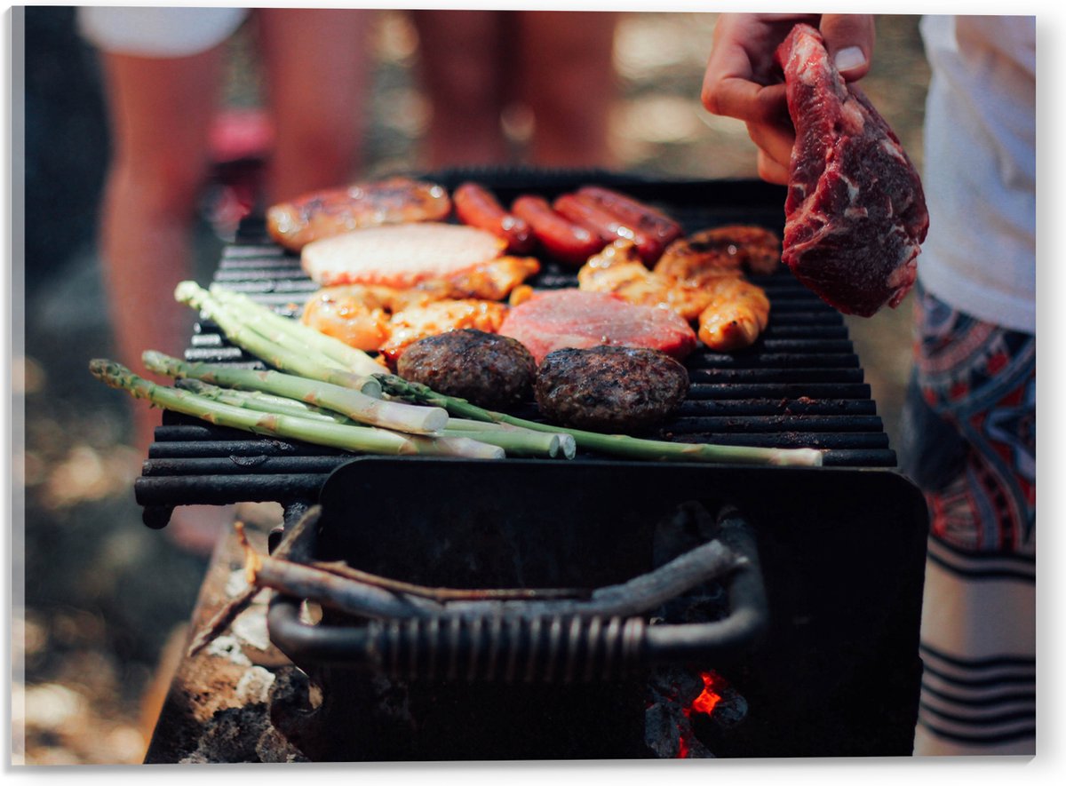 Acrylglas - Barbecue - Vlees - Groenten - Kolen - Natuur - 40x30 cm Foto op Acrylglas (Met