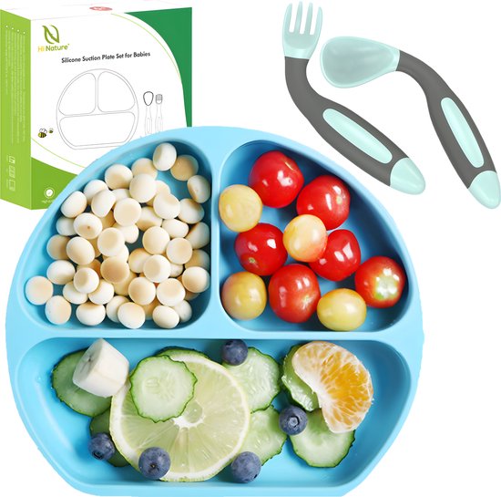 HI NATURE™ Baby bord met zuignap - Siliconen baby bestek - kinderservies & drinkbekers - Baby servies - Bordje set blauw