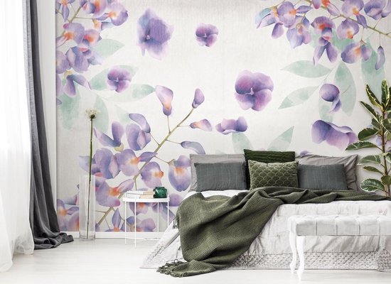 Papier peint photo - Papier peint intissé - Fleurs violettes peintes - 416 x 254 cm