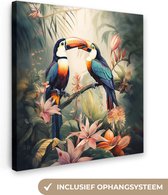 Canvas Schilderij Toekan - Vogels - Bloemen - Natuur - Jungle - 90x90 cm - Wanddecoratie