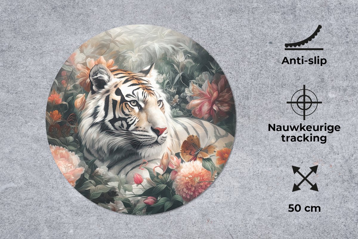 Muismat rond 50x50 cm - Mousepad Tijger - Wilde dieren - Bloemen - Jungle - Ronde muismatten