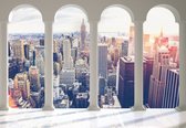 Fotobehang - Vlies Behang - 3D Uitzicht op New York door de Romeinse Ramen - 312 x 219 cm