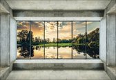 Fotobehang - Vlies Behang - 3D Uitzicht op het Meer door de Ramen - 312 x 219 cm