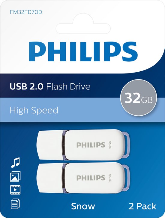 Emballage de deux clés USB Philips blanches de 32 Go, portant la mention 'Snow'.