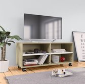 Decoways - Tv-meubel met wieltjes 90x35x35 cm spaanplaat wit en sonoma