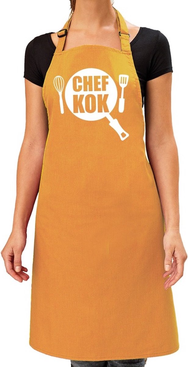 Chef kok barbeque schort / keukenschort oker geel voor dames - bbq schorten