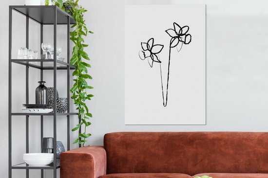 Jonquilles ligne art botanique sur fond toile 2cm 90x140 cm blanc - impression photo sur toile peinture (Décoration murale salon / chambre à coucher) / Fleurs Peintures Toile