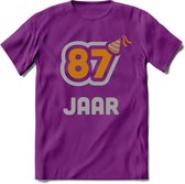 87 Jaar Feest T-Shirt | Goud - Zilver | Grappig Verjaardag Cadeau Shirt | Dames - Heren - Unisex | Tshirt Kleding Kado | - Paars - XL