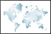 JUNIQE - Poster in kunststof lijst World Map Watercolour -30x45 /Blauw
