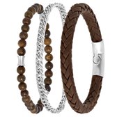 Stalen set met drie herenarmbanden bruin