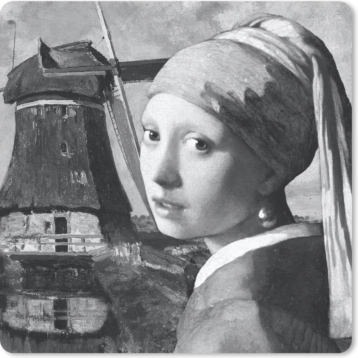 Muismat 30x30 cm - Mousepad Het meisje met de parel - Johannes Vermeer - Zwart - Wit - Muismatten