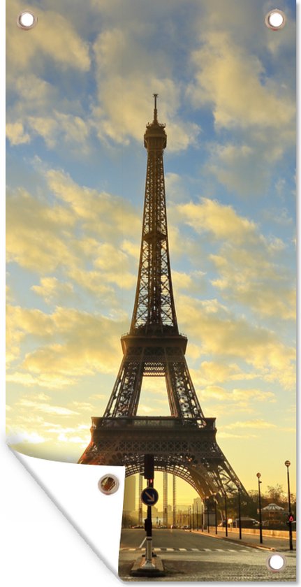 Poster de jardin La Tour Eiffel avec un ciel orange unique à travers le soleil couchant - 40x80 cm - Décoration murale Outdoor - Poster de jardin - Toile de jardin - Poster de clôture - Tableau de jardin