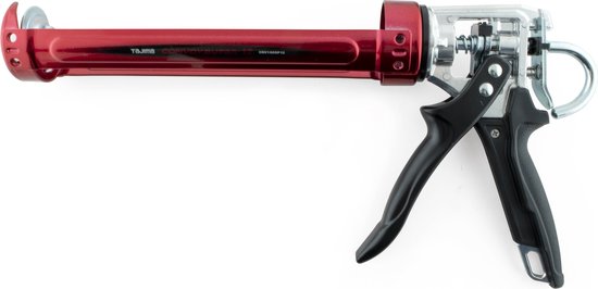 Rood kitpistool met transparante elementen, zwarte handgreep en zilverkleurige metalen onderdelen. "TAJIMA CONVOY " staat erop.
