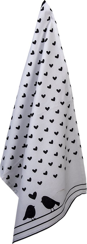 Clayre & Eef Torchon 50x70 cm Blanc Noir Coton Oiseaux de coeur Torchon de cuisine