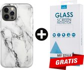 Backcover Marmerlook Hoesje iPhone 11 Pro Wit - Gratis Screen Protector - Telefoonhoesje - Smartphonehoesje