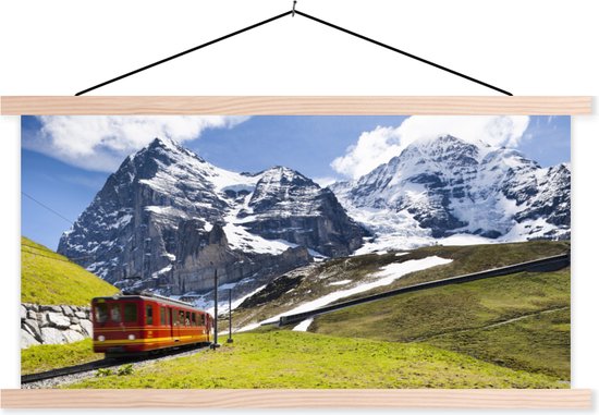 Posterhanger incl. Poster - Schoolplaat - Een rode trein met bergen op de achtergrond - 150x75 cm - Blanke latten
