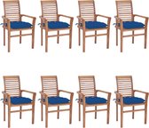 Decoways - Eetkamerstoelen 8 st met blauwe kussens massief teakhout