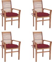 Decoways - Eetkamerstoelen 4 stuks met wijnrode kussens massief teakhout