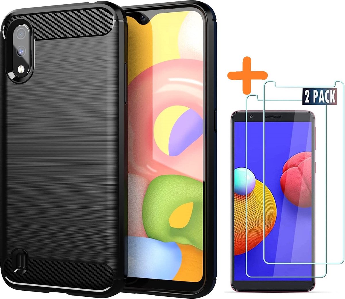 Hoesje Geschikt Voor Samsung Galaxy A01 Core hoesje Geborsteld Zwart siliconen Carbon Fiber Optics - Brushed Silicone Colour TPU Cover Screenprotector 2 pack