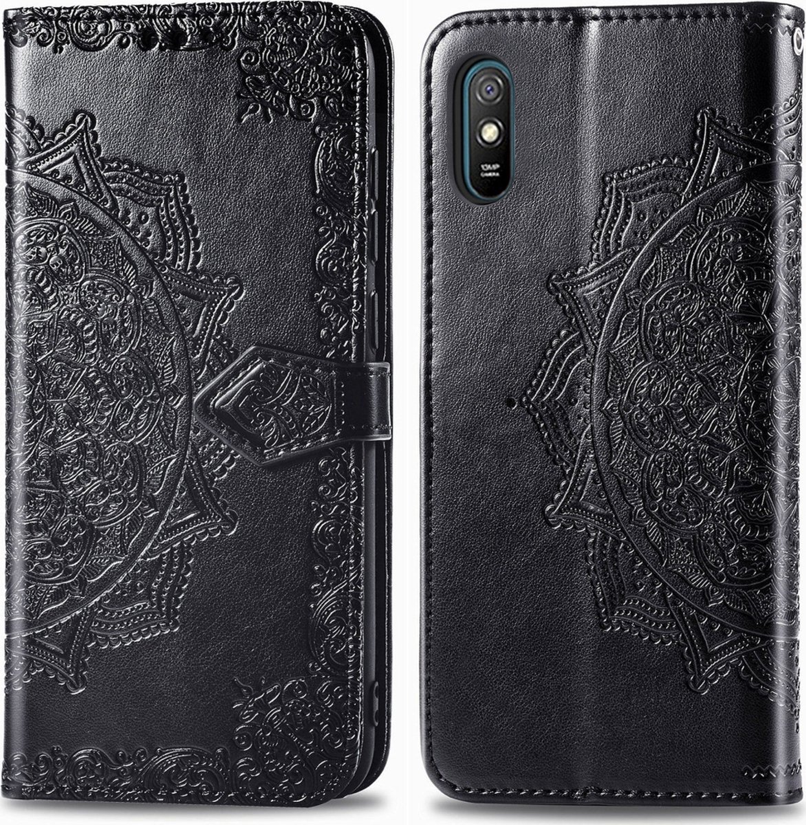Mobigear Telefoonhoesje geschikt voor Xiaomi Redmi 9A Hoesje | Mobigear Mandala Bookcase Portemonnee | Pasjeshouder voor 3 Pasjes | Telefoonhoesje voor Pinpas / OV Kaart / Rijbewijs - Zwart