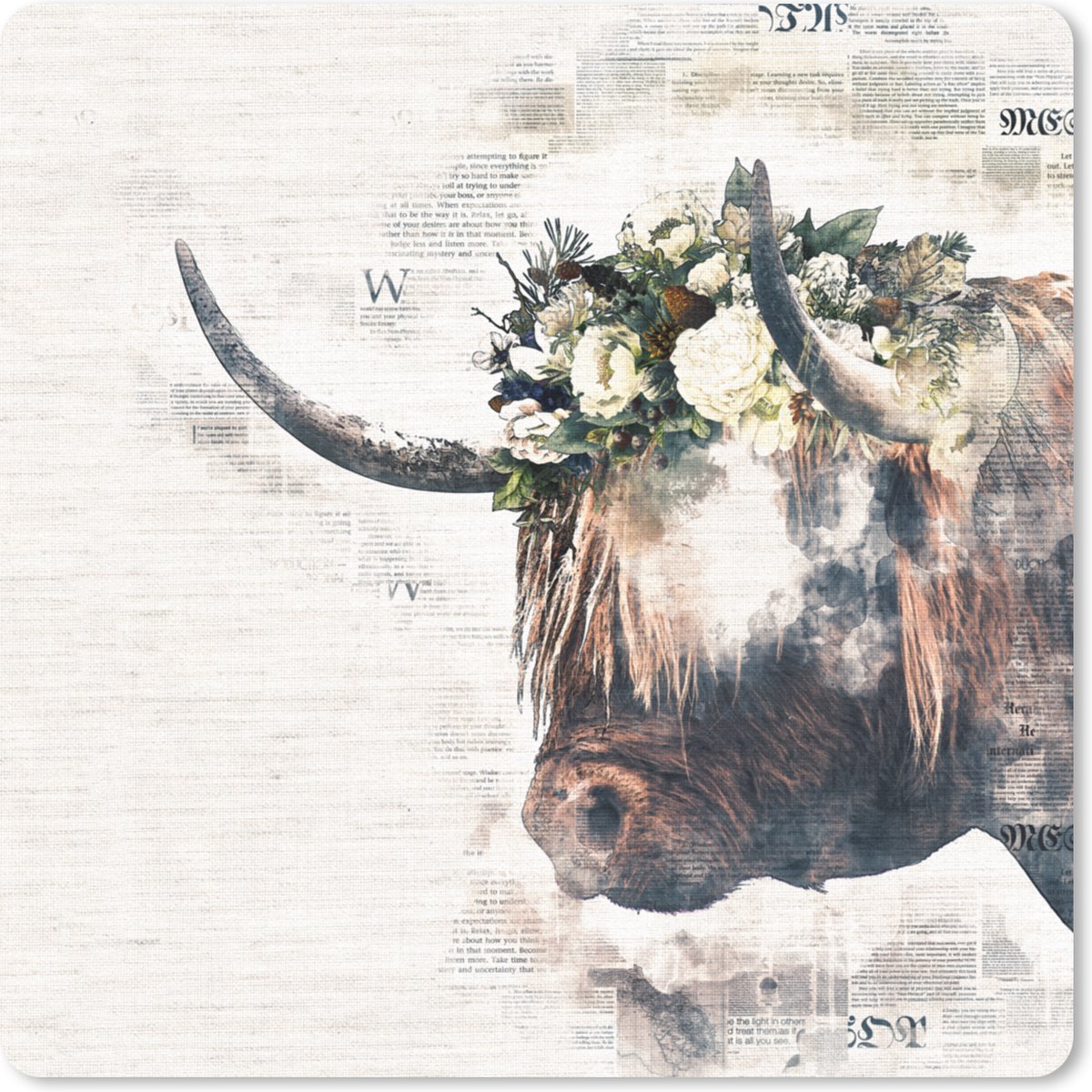 Muismat 20x20 cm - Mousepad Schotse Hooglander - Schotse Koe - Bloemen - Muismatten