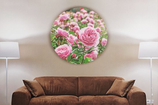 Artaza Cercle mural Dibond Champ de fleurs de roses roses - Ø 80 cm - Groot - Cercle mural - Tableau rond - Pour intérieur et extérieur