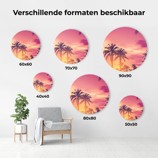 Artaza Dibond Muurcirkel Tropische Palmbomen Met Zonsondergang - Ø 60 cm - Wandcirkel - Rond Schilderij - Voor Binnen en Buiten