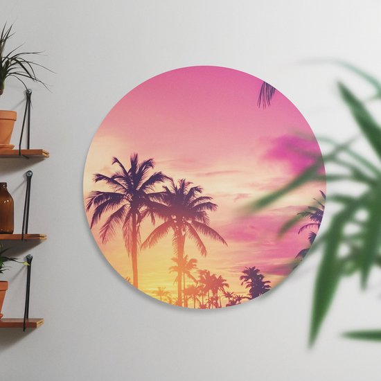 Artaza Dibond Muurcirkel Tropische Palmbomen Met Zonsondergang - Ø 60 cm - Wandcirkel - Rond Schilderij - Voor Binnen en Buiten