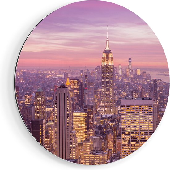 Artaza Dibond Muurcirkel New York Skyline Met Lichten Bij Zonsondergang - Ø 70 cm - Wandcirkel - Rond Schilderij - Voor Binnen en Buiten