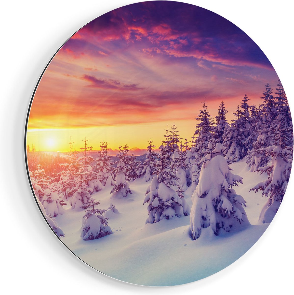 Artaza Dibond Muurcirkel Zonsondergang In Het Sneeuw Bos - Ø 90 cm - Groot - Wandcirkel - Rond Schilderij - Voor Binnen en Buiten