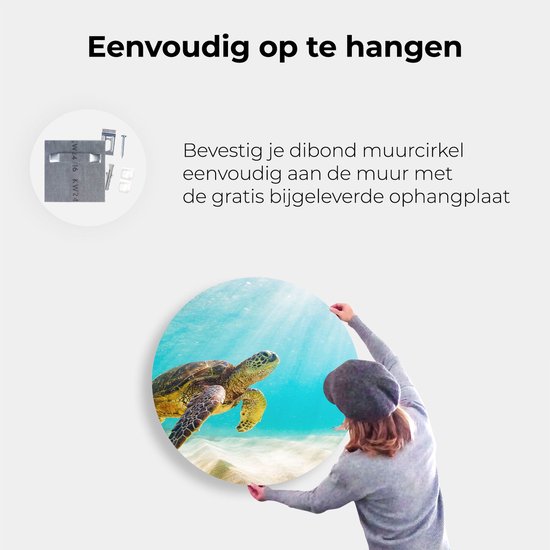 Artaza Dibond Muurcirkel Schildpad Zwemt in de Helder Blauwe Zee - Ø 90 cm - Groot - Wandcirkel - Rond Schilderij - Voor Binnen en Buiten