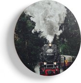 Artaza Houten Muurcirkel - Locomotief in de Bossen met Stoom Wolken  - Ø 85 cm - Groot - Multiplex Wandcirkel - Rond Schilderij