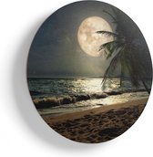 Artaza Houten Muurcirkel - Tropisch Strand In De Nacht Met Volle Maan - Ø 75 cm - Multiplex Wandcirkel - Rond Schilderij
