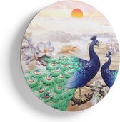 Artaza Houten Muurcirkel - Twee Pauwen Bij Elkaar Met Bloemen - Liefde - Ø 75 cm - Multiplex Wandcirkel - Rond Schilderij