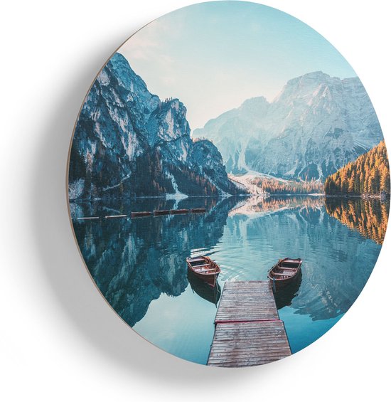 Cercle mural en bois Artaza - Deux bateaux sur le lac dans les Montagnes - Ø 55 cm - Cercle mural en contreplaqué - Peinture ronde