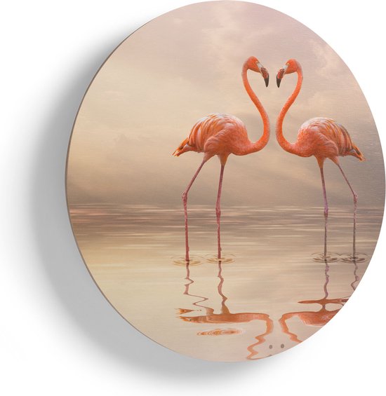 Artaza Houten Muurcirkel - Twee Flamingo's in een Hartjes Vorm  - Ø 55 cm - Multiplex Wandcirkel - Rond Schilderij