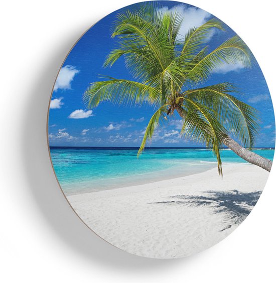 Artaza Houten Muurcirkel - Tropisch Strand Met Een Palmboom - Ø 70 cm - Multiplex Wandcirkel - Rond Schilderij