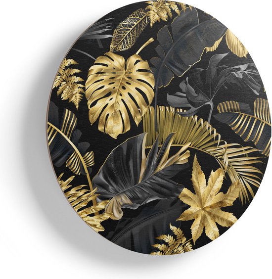Artaza Houten Muurcirkel - Gouden Tropische Bladeren - Ø 70 cm - Multiplex Wandcirkel - Rond Schilderij