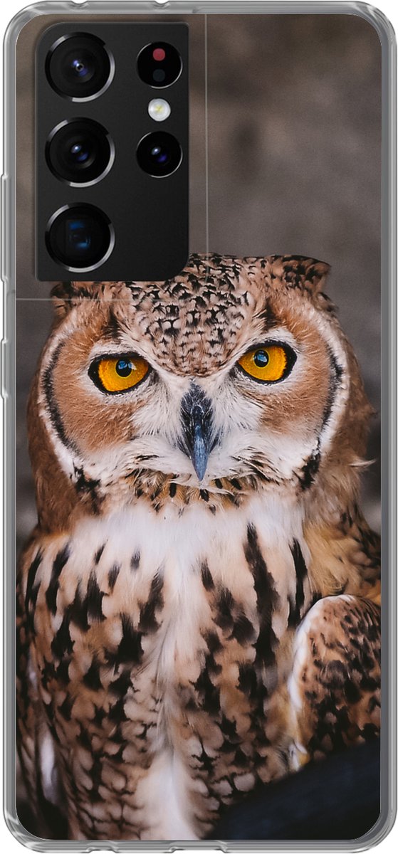 Telefoonhoesje Geschikt voor Samsung Galaxy S21 Ultra hoesje - Bruine uil kijkt recht in de camera - Siliconen Telefoonhoesje Telefoonhoesje