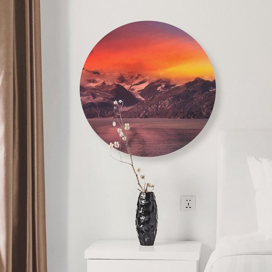 Artaza Dibond Muurcirkel Meer Bij De Bergen Bij Zonsondergang - Ø 40 cm - Klein - Wandcirkel - Rond Schilderij - Voor Binnen en Buiten