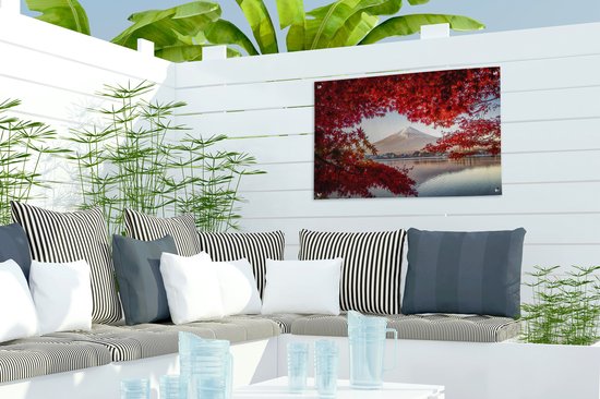 Décoration de jardin Mont Fuji vu à travers les feuilles rouges au Japon - 60x40 cm - Poster jardin - Toile jardin - Poster extérieur