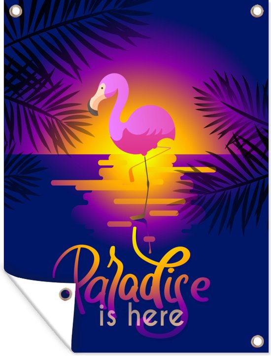 Zomerse, roze flamingo met palmbladeren en de woorden 'het paradijs is hier'