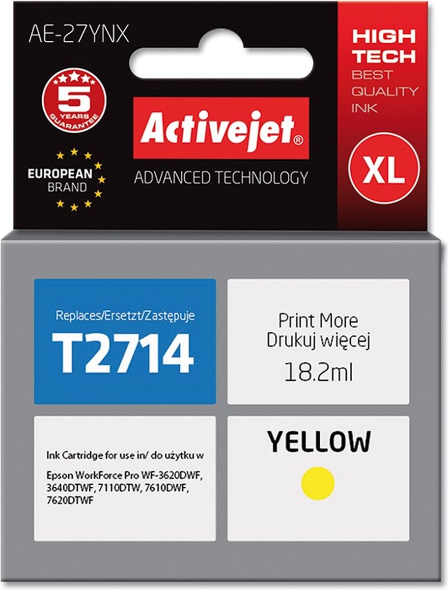 ActiveJet AE-27YNX Ink voor Epson-printer, Epson 27XL T2714 Vervanging; Opperste; 18 ml; geel.