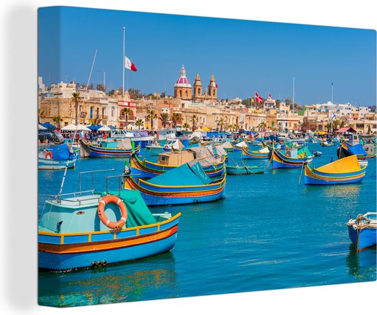 Canvas Schilderij Gekleurde boten in de haven van Marsaxlokk, Malta - 120x80 cm - Wanddecoratie