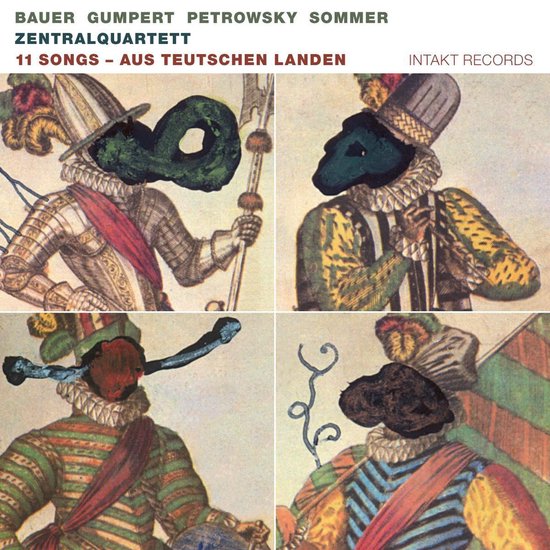 Albumhoes met vier portretten van mannen in renaissancekostuums met maskers. Titel: 'Zentralquartett - 11 Songs - Aus Teutschen Landen'.