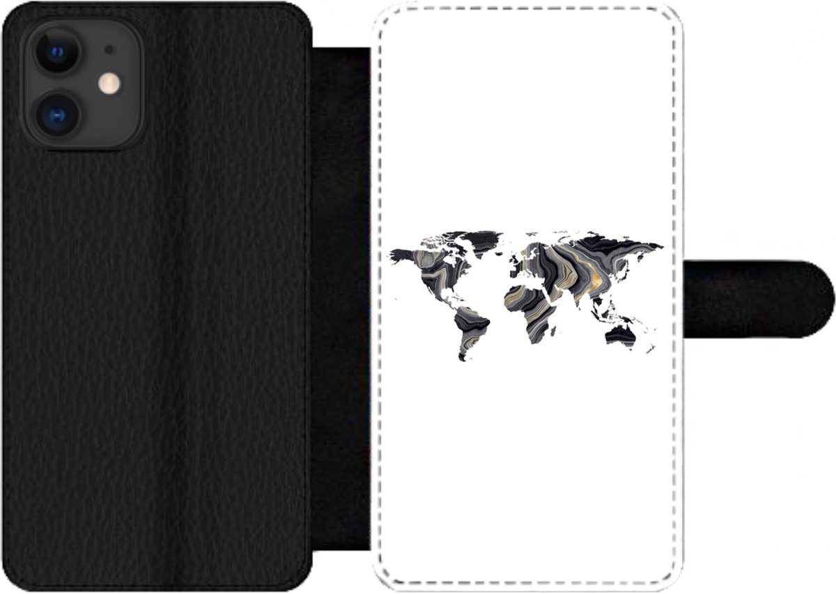 Telefoonhoesje Geschikt voor iPhone 12 Pro Max telefoonhoesje - Wereldkaart - Goud - Lijn - Met vakjes - Wallet case met magneetsluiting