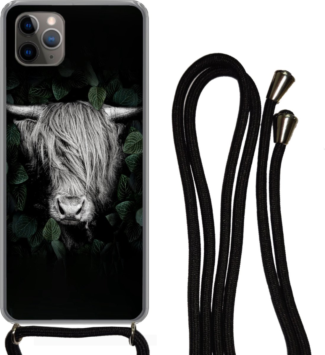 Telefoonhoesje Geschikt voor iPhone 11 Pro - Schotse hooglander - Bladeren - Portret - Siliconen - Crossbody - Backcover met Koord - Telefoonhoesje met koord - Hoesje met touw Telefoonhoesje